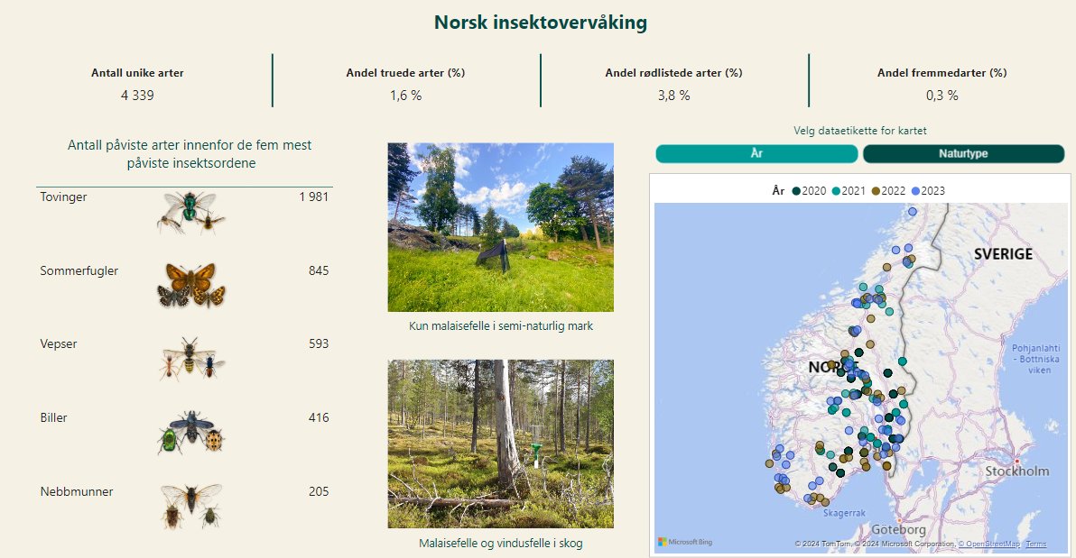 Vi har laget en egen visualisering av dataene fra insektsovervåkingen ved hjelp av Power BI. Her kan du se dataene framstilt på forskjellige måter og bryte ned på geografisk område eller insektsart. miljodirektoratet.no/aktuelt/datavi… #powerBI #insekter #miljøovervåking #miljø