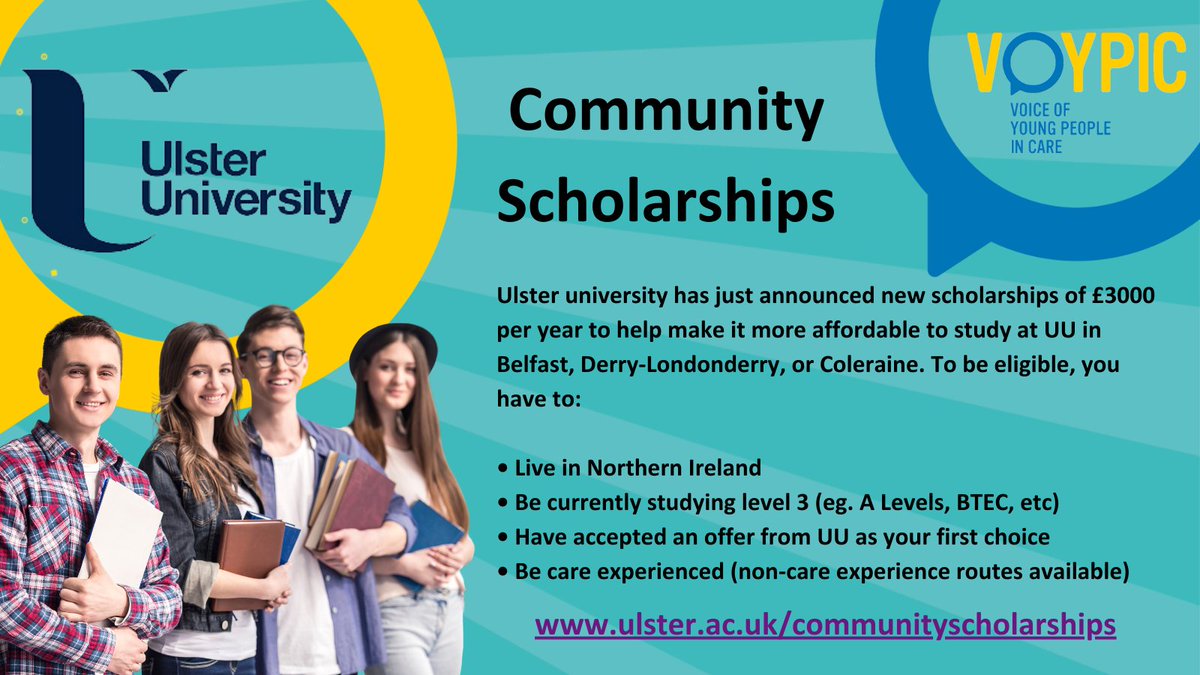 ‼️ Community Scholarships at @UlsterUni ‼️ Applications close on 14 June. Want help to apply? You can get support from your VOYPIC Advocate. Don’t have one? Contact us on info@voypic.org or call 028 9024 4888. #ulsteruni #scholarship #ceyp #care @UlsterFlexEd