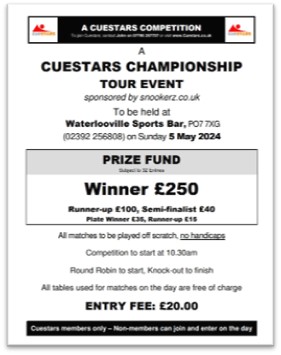 Snookerz.co.uk is proud to be sponsoring the @snookercuestars Championship Tour Event at Waterlooville Sports Bar , Sun 5 May . More info cuestars.co.uk/calendar/ @snookerhub @cruciblecrush @JamesSnooker @joegentlemanjoe