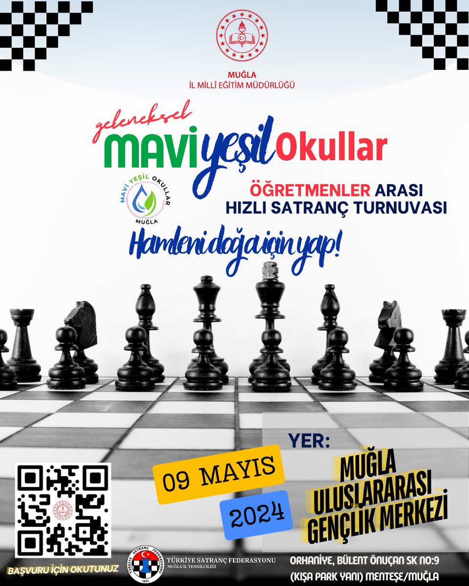 HAMLENİ DOĞA İÇİN YAP ÖĞRETMENİM!♟️🍀 Mavi Yeşil Okullar Projesi kapsamında bu kez öğretmenlerimiz hamlelerini doğa için yapacaklar. 9 Mayıs tarihinde gerçekleştirilecek turnuva için kare kodu okutarak veya aşağıdaki linkten başvuru yapabilirsiniz. 🔗 forms.gle/URATgt6qNCZXwW……