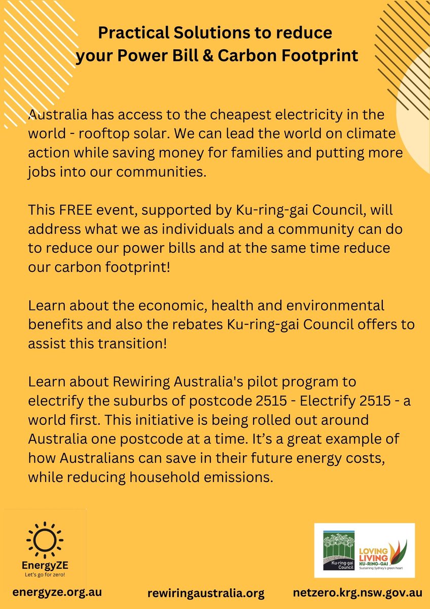 📣📣📣Gotta love a practical solution to your power bills ✅️. Register now for this great community event. @RewiringAus @ZeroEmissionsS @climate_parents @AusSolarNews @solarcitizens @UrsulaECrowley @VoicesBradfield @Nicolette_Boele @1millionwomen events.humanitix.com/practical-solu…