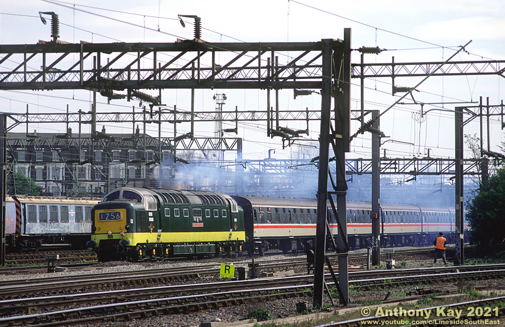 D9000 (55022) 'Royal Scots Grey' working Hertfordshire Rail Tours 'The Cross Country Deltic' tour at Willesden Junction. 13th April 1997. New on my YouTube channel ‘British Diesel Locomotive Thrash Compilation 2024 Edition’ youtu.be/zkwDBZHYwX0?si…