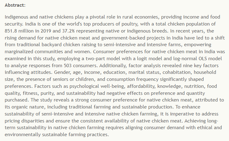 bit.ly/4bwekt5 - Read the Article here
Consumer Preferences for Native Chicken Meat in India: Implications for Sustainable Production and Household Dynamics
#ConsumerPreferences #FactorAnalysis #HouseholdConsumption #MeatConsumption #NativeChicken #Sustainablefarming