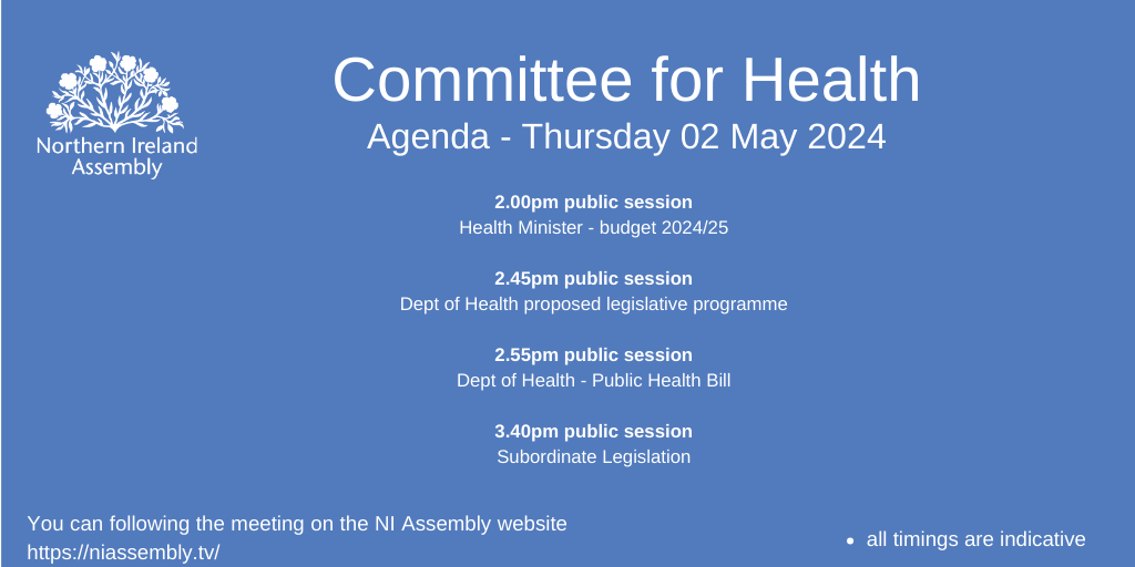This afternoon's agenda. @RobinSwann_MLA and @healthdpt up first to discuss Budget 24/25, then @healthdpt regarding Public Health Bill. You can follow proceedings on the NI Assembly website.