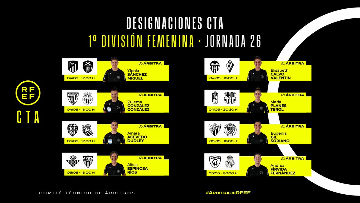 ⚖️ DESIGNACIONES | Primera División Femenina Estas son las árbitras que dirigirán la jornada 2️⃣6️⃣ del torneo. 🔗 rfef.es/es/noticias/of… #ArbitrajeRFEF | @CTARFEF