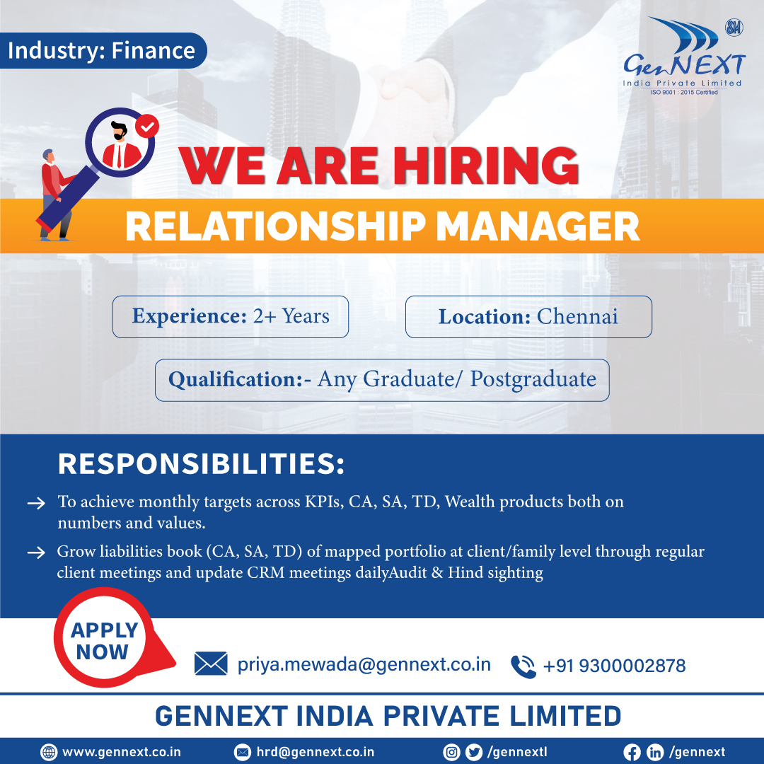 #UrgentHiring 💼📢🎯

Position: Relationship Manager 
Location: Chennai 

#RelationshipManager #Manager #Chennai #Graduate #PostGraduate #hiringnow #jobsearching #jobsearch #Recruitment2024 #jobopenings2024 #gennextjob #gennexthiring #GenNext #hiring2024