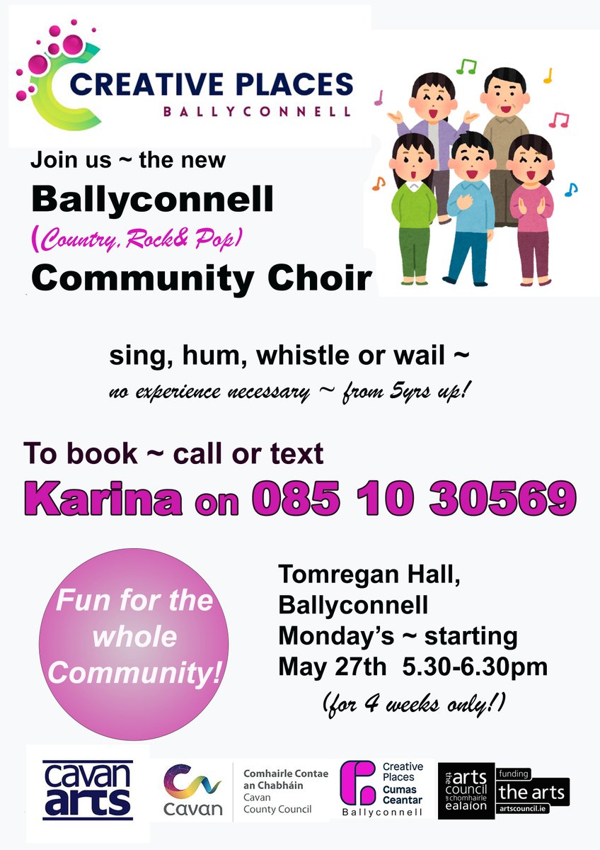 Join the new 🌟'Community Choir'🌟 📍 Tomregan Hall, Ballyconnell 🗓 Monday, May 27th ⏰ 5:30pm - 6:30pm Fun for the whole community! from s 5years up! 😊🎤 To book, call or text Karina on: 085 1030569 #communitychoir #singing #country #rock #pop
