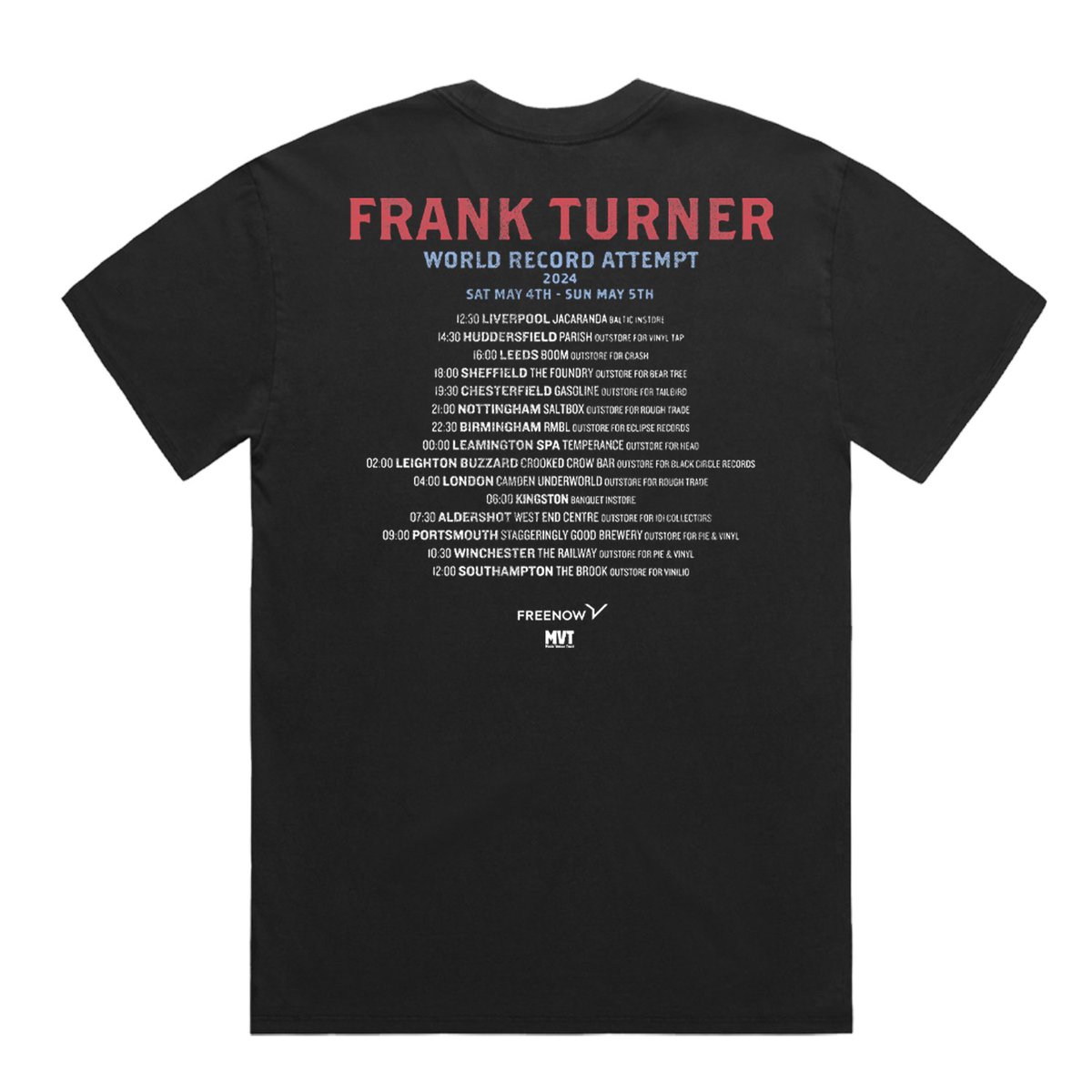It’s a once-in-a-lifetime thing, a world record attempt, so let’s do a T-shirt! Limited edition & only available for a limited time. You have until Tues 10am UK to bag one. 50% of profits will be donated to the @musicvenuetrust. You can purchase one now: frank-turner.backstreetmerch.com
