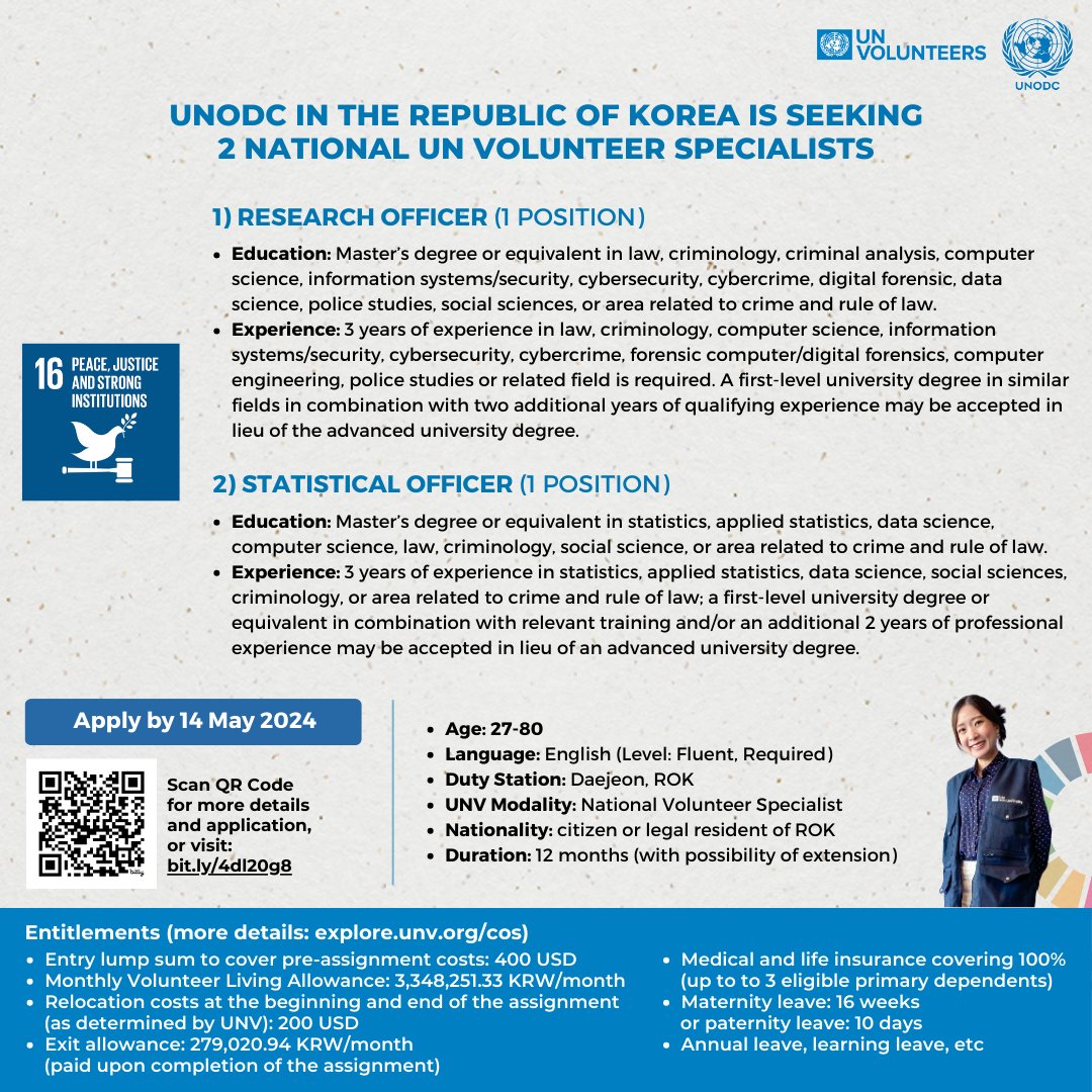🇰🇷 Are you a national or legal resident of the Republic of Korea? 🇺🇳 Do you have the affinity to #volunteer for the #SDGs? @UNODC seeks 2 national #UNVolunteers to join as Statistical Officer & Research Officer Details: bit.ly/3wjXX34 Apply by 14 May 2024 #Agenda2030