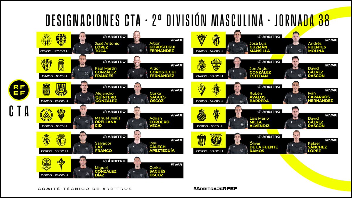 ⚖️ DESIGNACIONES | Segunda División Masculina Consulta los colegiados de los enfrentamientos de la jornada 3️⃣8️⃣ del campeonato. 🔗 rfef.es/es/noticias/of… #ArbitrajeRFEF | @CTARFEF