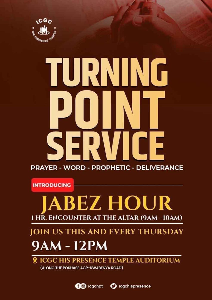 Come and pray with us this morning at 9am in our prayer, prophetic and deliverance service, Turning Point Service with Rev. Peter Mensah Adjei. 

Invite friends and family. 

#WeAreICGC #TurningPoint