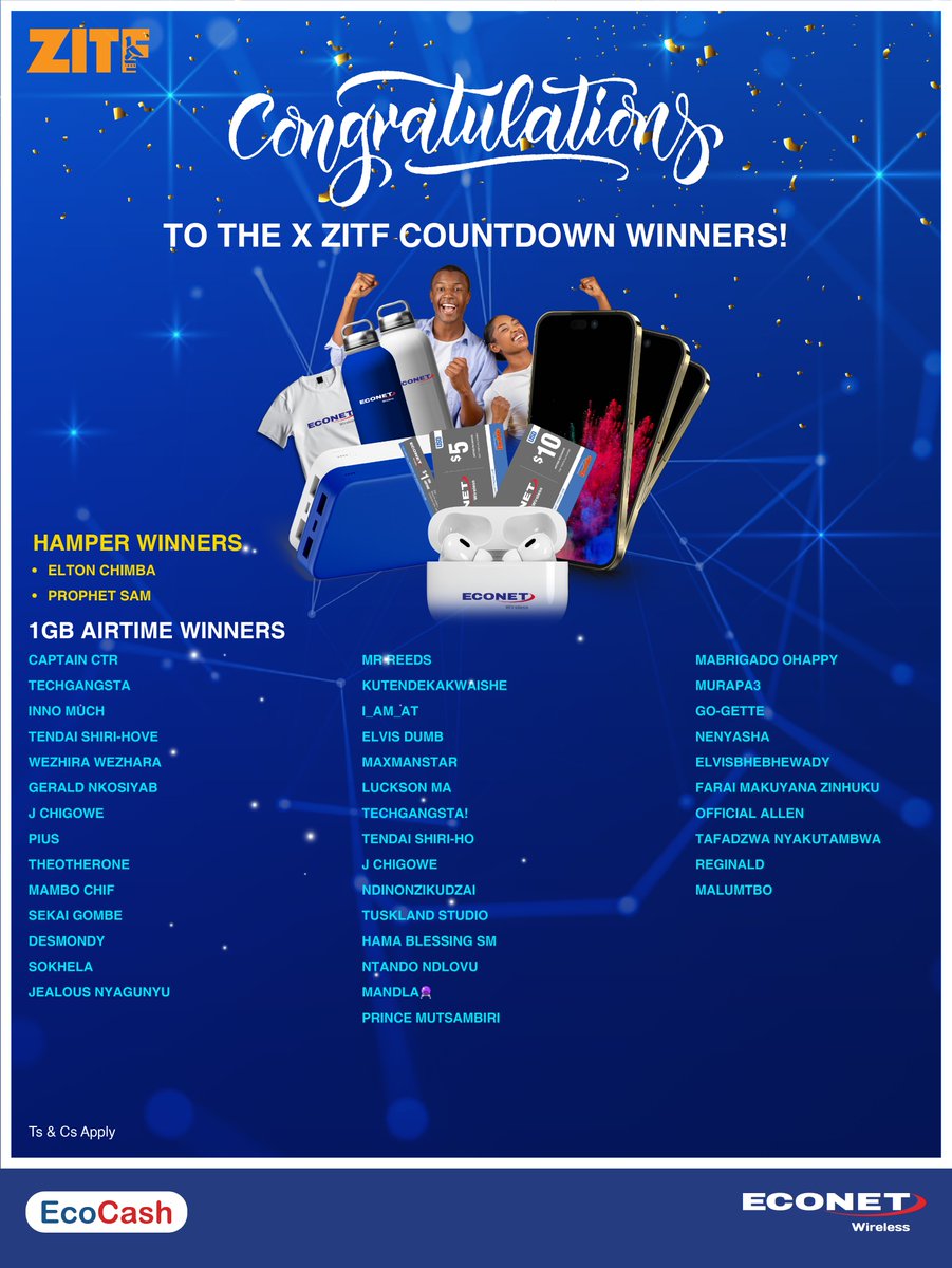 Congratulations to our 3rd X ZITF Countdown Winners. Please DM your contact details for data credits and Econet Hamper collection arrangements. Thank you for participating.