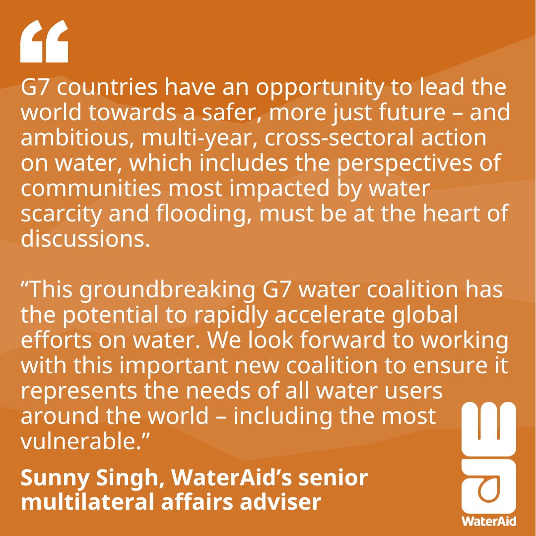 WaterAid hails new G7 water coalition as having groundbreaking potential, but it must represent the needs of the most vulnerable | @wateraid In response to the new G7 water coalition Sunny Singh, WaterAid’s senior multilateral affairs adviser comments⬇️ wateraid.org/uk/media/Water…