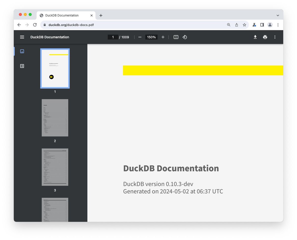 Did you know that DuckDB's documentation is available as a single PDF? It includes all documentation pages and guides, and just surpassed 1,000 pages. duckdb.org/duckdb-docs.pdf