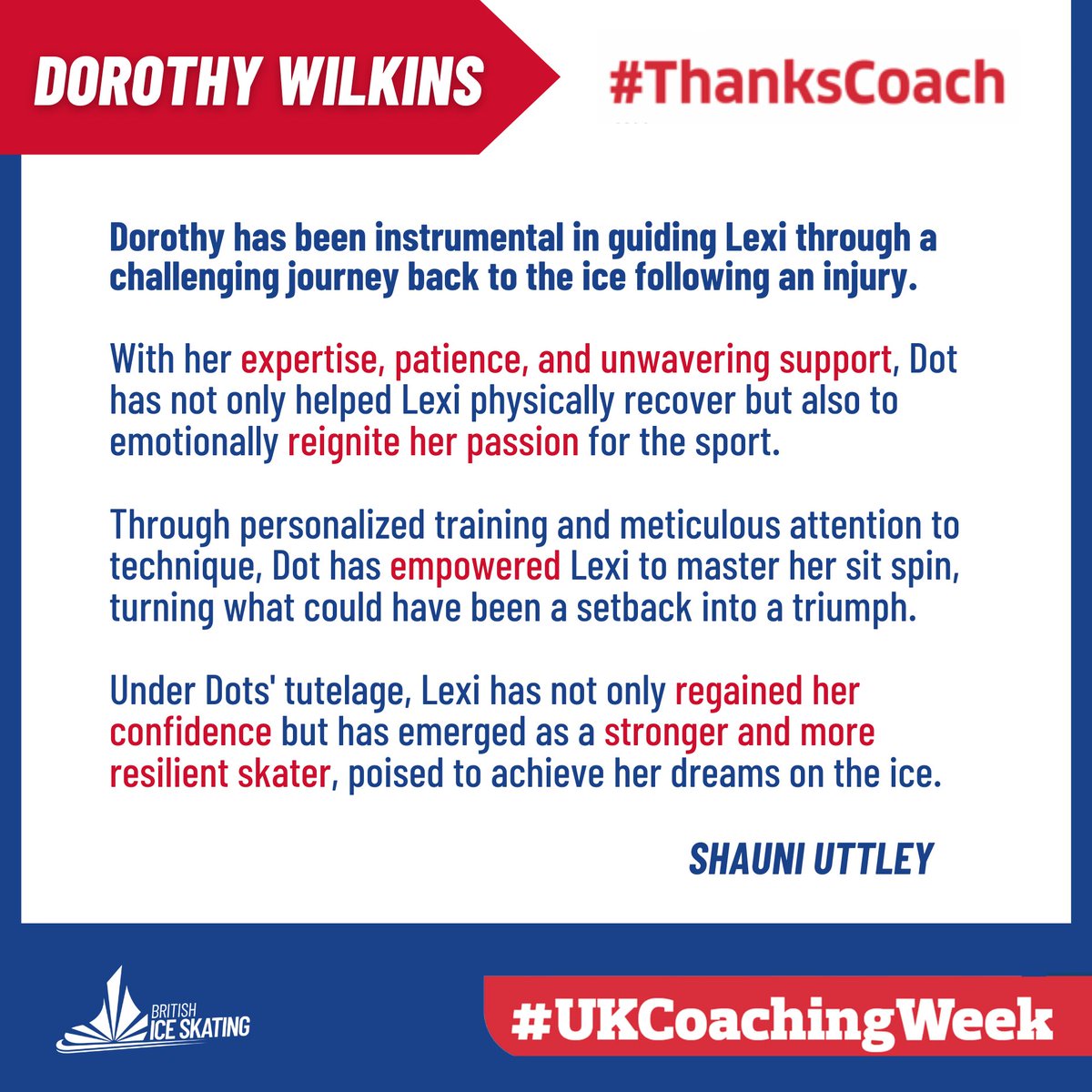 A big #UKCoachingWeek2024 shout out for Dorothy Wilkins, nominated by Lexi and Shauni Uttley. Thank you for everything you do for our sport! 🎉

#ThanksCoach #UKCoachingWeek #CoachingHeroes #MakingADifference #HolisticCoaching