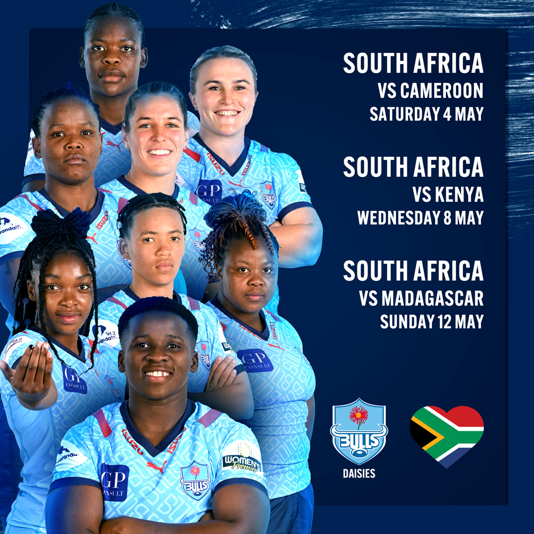 𝐍𝐚𝐭𝐢𝐨𝐧𝐚𝐥 𝐇𝐨𝐧𝐨𝐮𝐫𝐬 𝐒𝐩𝐨𝐭𝐥𝐢𝐠𝐡𝐭 

Congratulations to our #BullsDaisies players who will depart for Madagascar today to represent South Africa at the Africa Cup Qualifiers for the Women's Rugby World Cup.

Go #BokWomen🇿🇦🇿🇦

 #WomensRugby | #GoBokke