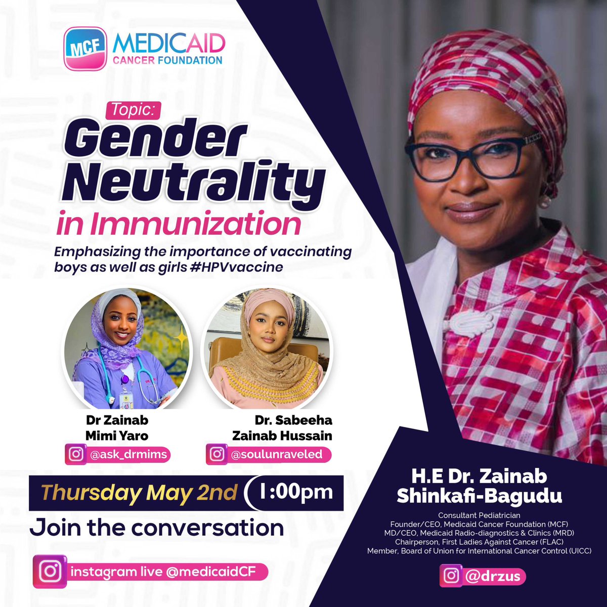 Join us for a thought-provoking InstaLive session as we delve into the crucial topic of Gender Neutrality in Immunization! Her Excellency, Dr. Zainab Shinkafi-Bagudu @DrZSB , will be leading the conversation alongside the esteemed pediatrician Dr Zainab Mimi Yaro (Dr Mims)…