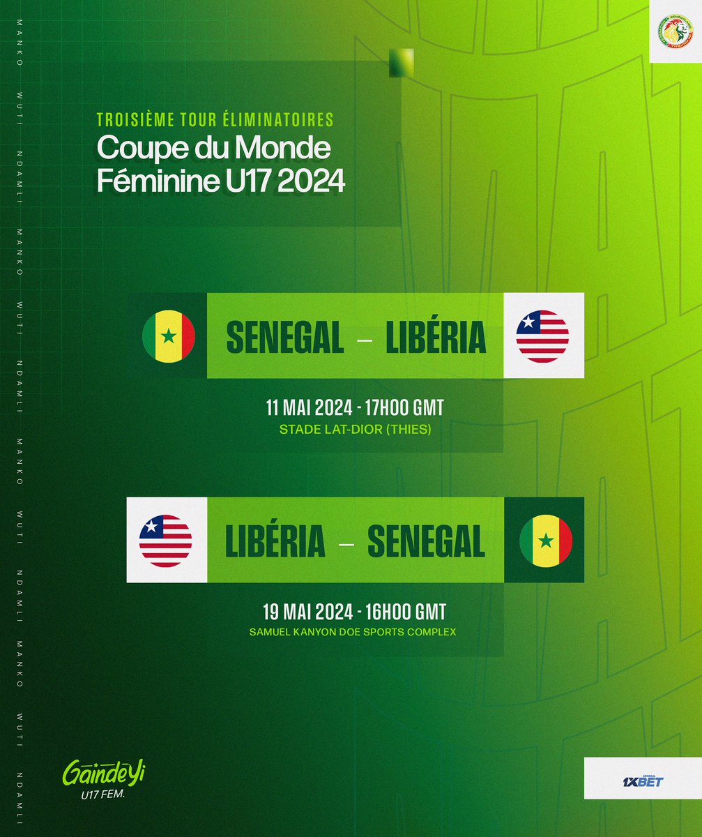 Troisième tour des éliminatoires de la Coupe du Monde féminine U17 2024 | Le calendrier de la double confrontation de nos U17 face au Liberia en ce mois de Mai: le 11/05 à Thies et le 19/05 à Monrovia. #WWCQ2024 #U17