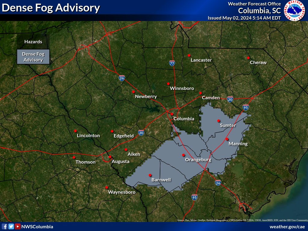 Dense Fog, 1/4 mile or less visibility has developed across the southeast Midlands. The dense fog is patchy in other areas including the central Midlands from north Aiken into Lexington and Richland counties. Will monitor trends. Motorist should use caution. #caewx