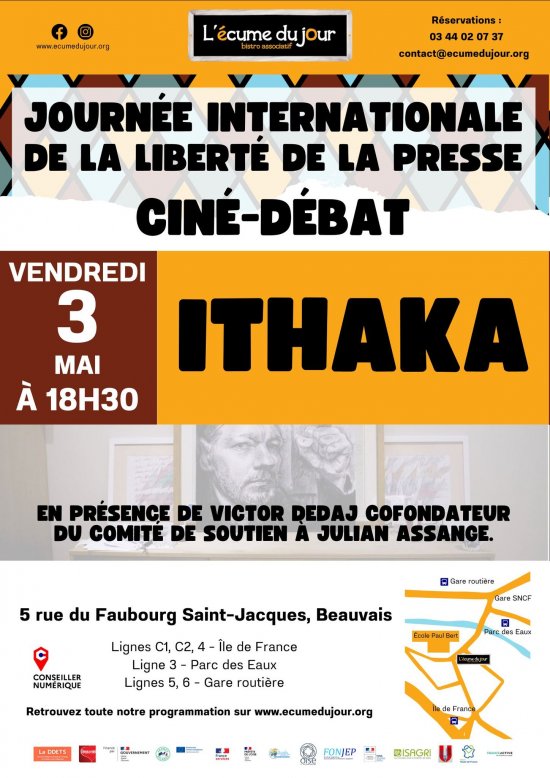 Projection-débat #Assange demain vendredi (18h30) au au bistrot associatif L’Écume du Jour à #Beauvais avec @IthakaMovie, à l’occasion de la Journée mondiale de la liberté de la presse. La discussion sera animée par Viktor Dedaj. Infos sur l’événement FB : facebook.com/events/9474434…