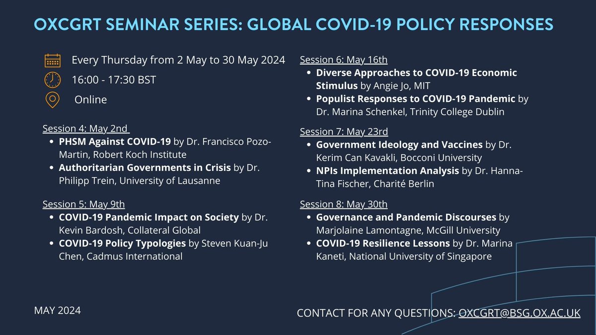 🚨TODAY: Join Session 4 of the OxCGRT Seminar Series! Explore COVID-19 public health measures with Dr. Pozo-Martin and crisis norms with @philipp_trein. @annajessiep @anvaccaro @thomasnhale #COVID19Response 📅Starting now at 16:00 BST. Register: ow.ly/WMlY50Rg3Gv