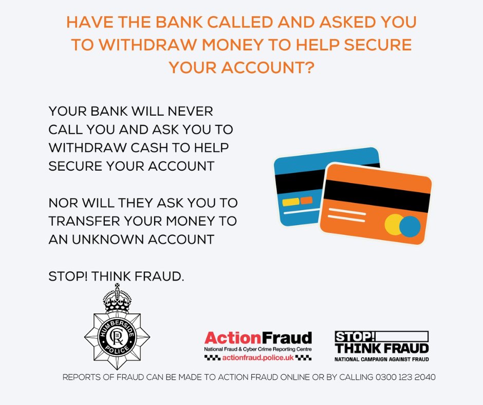 Your bank will never contact you and ask you to withdraw cash to help secure your account. This is a tell-tale sign of courier fraud. Dial 999 if this happens and even if you haven’t lost any money, also make a report to Action Fraud at ow.ly/8APz50RnO9I