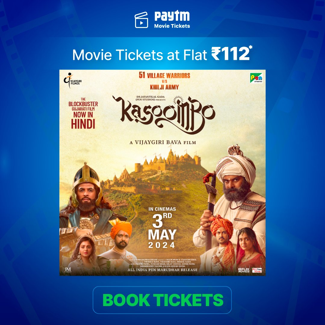 The Gujarati blockbuster #Kasoombo releases in Hindi tomorrow! 🍿 Don't miss this historical drama, get your tickets now: m.paytm.me/kasoombo @PenMovies @VijaygiriBava @VijaygiriFilmos *offer valid on shows for May 3rd only.