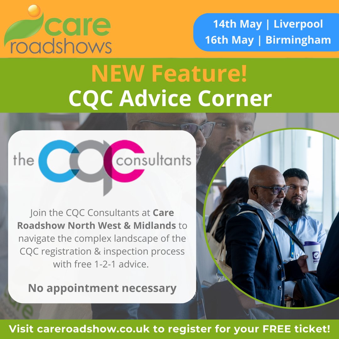 Get free CQC advice at Careroadshows! Join The CQC Consultants at the Care Roadshow North West and Midlands CQC Advice Corner to keep that 'outstanding' rating – no appointment needed! Register for your free place here > careroadshows-2024.reg.buzz/nca