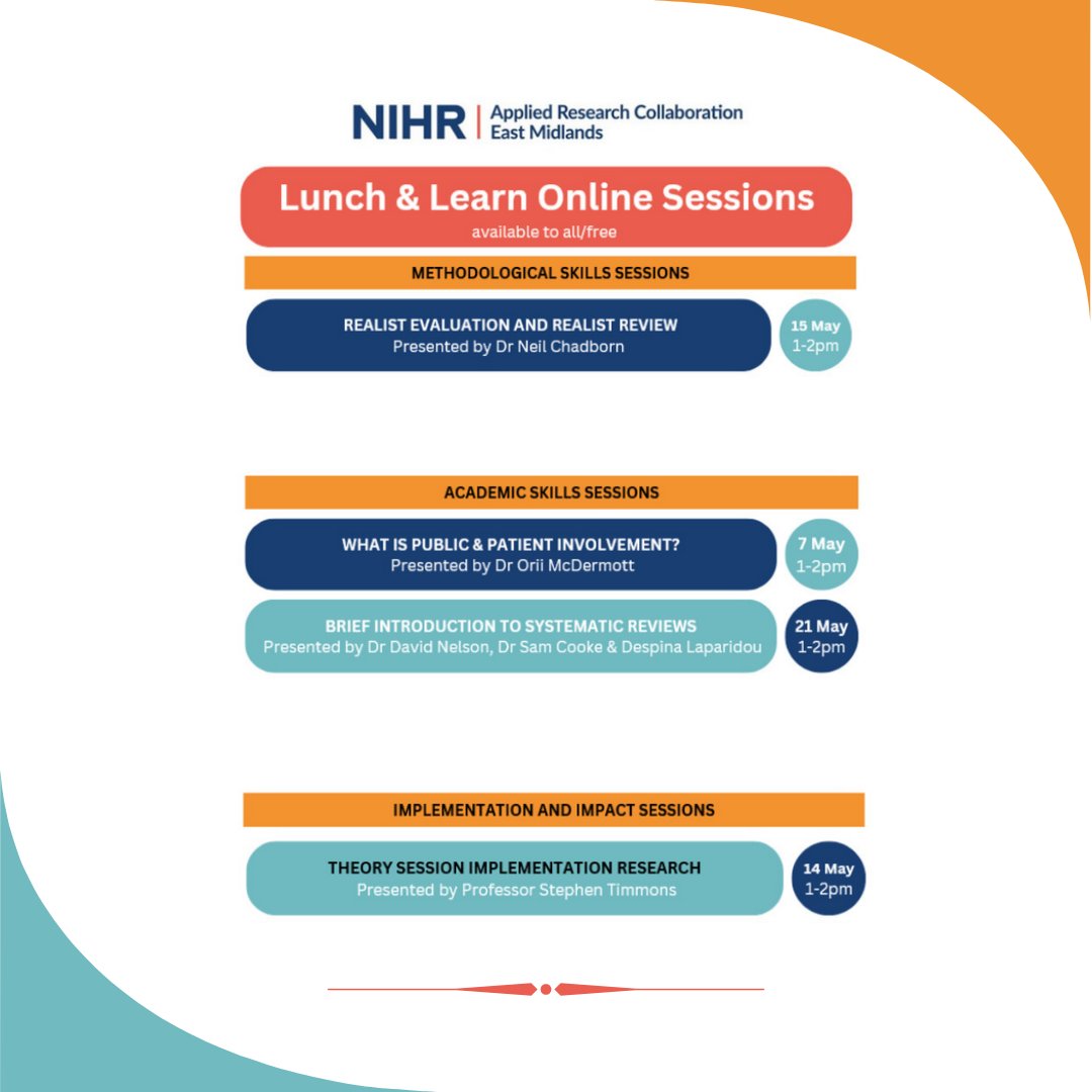 Don't forget to take advantage of @nihr_em 's online lunch and learn sessions!
Check out the great opportunities available to you this month
#researchtraining #methodologicalskills #academicskills #implementationandimpact #bepartofresearch