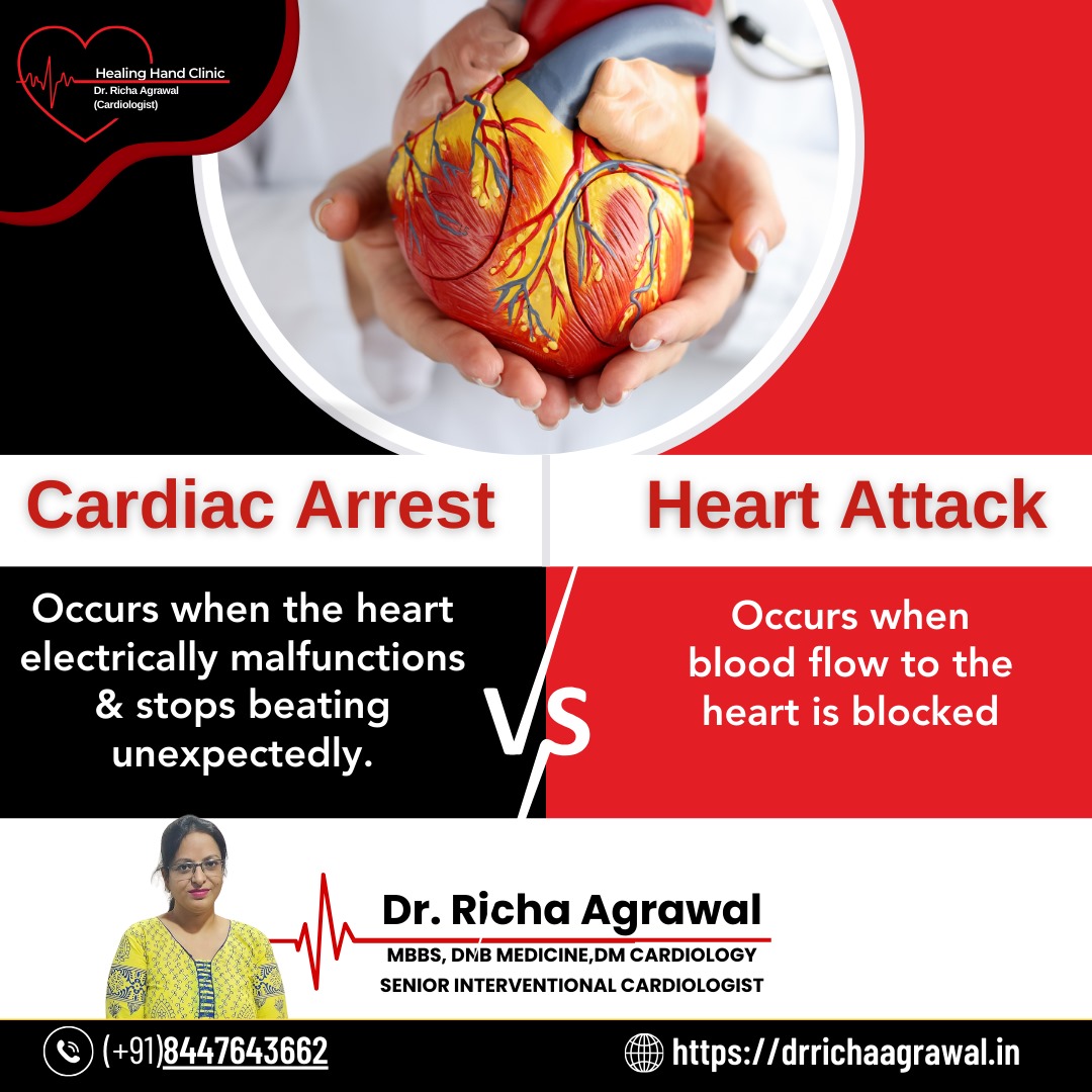 Cardiac Arrest:- Occurs when the heart electrically malfunctions & stops beating unexpectedly.

📌 𝐕𝐒

Heart Attack:- Occurs when blood flow to the heart is blocked.

Consult Dr. Richa Agrawal, Best Cardiologist in Ghaziabad

#CardiacArrest #VS #HeartAttack #healinghandclinic