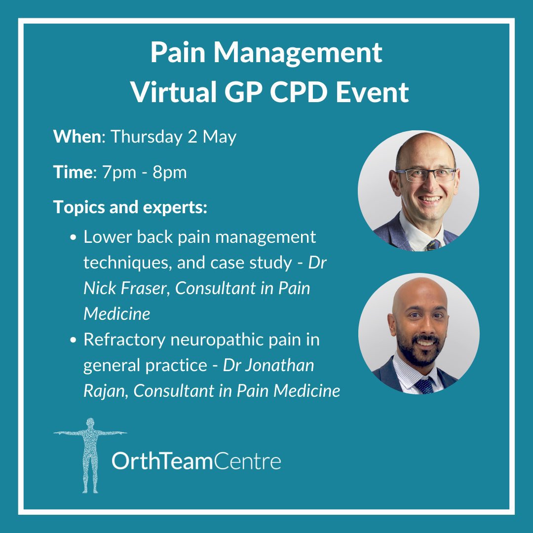 📢⏱GP’s - Last chance to join our Virtual Pain Management Event tonight!

Experts: 

▪️Dr Nick Fraser 
▪️Dr Jonathan Rajan

When: 7 - 8pm

Secure your spot ➡️ eventbrite.com/e/pain-managem…

#orthteamcentre #painmanagement #lowerbackpain #painmanagmenttechniques #neuropathicpain #gp