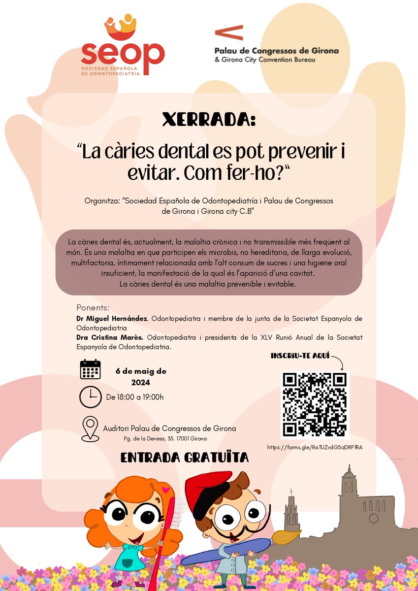 🗣️L'Auditori de Girona acollirà aquest dilluns 6 de maig la xerrada 'La càries dental es pot prevenir i evitar. Com fer-ho?' de la mà de la Sociedad Española de Odontopediatría i Palau de Congressos de Girona i Girona city C.B. ✍️Inscripció gratuïta. ↘️ docs.google.com/forms/d/e/1FAI…