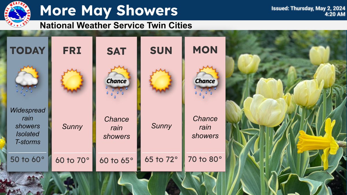 Rain, mainly in the morning today with a chance for some isolated thunderstorms. Cool and cloudy today with a warm up heading into next week. Chance of showers on Saturday and to start the week on Monday. #mnwx #wiwx