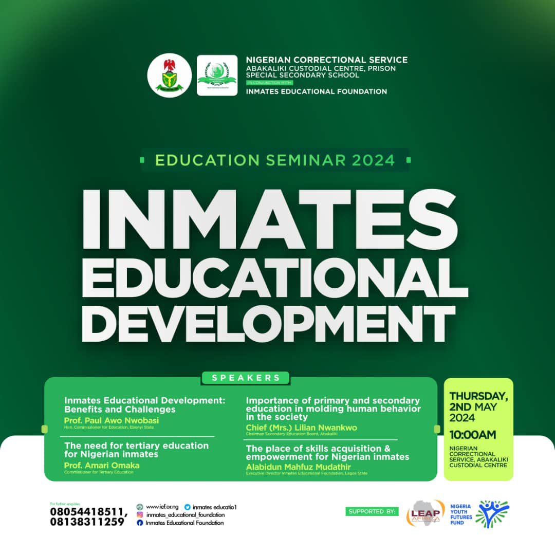 It is a known fact that the Inmates in Nigeria Correctional Centres need education and vocational skills as they prepare for their re-entry into the society. Today, our organisation, Inmates Educational Foundation in conjunction with Nigerian Correctional Service present a 2-day