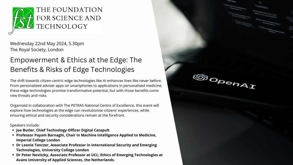The Foundation for Science and Technology (@foundscitech) on Twitter photo Let's discuss the good, the bad and the risks of #EdgeTechnologies such as AI enhanced apps and personalised medicine apps. Join us on Wed 22nd May <a href="/royalsociety/">The Royal Society</a> for an open debate on Empowerment and Ethics at the Edge. Book your free place now: bit.ly/Edgetechnologi… Let's discuss the good, the bad and the risks of #EdgeTechnologies such as AI enhanced apps and personalised medicine apps. Join us on Wed 22nd May <a href="/royalsociety/">The Royal Society</a> for an open debate on Empowerment and Ethics at the Edge. Book your free place now: bit.ly/Edgetechnologi…