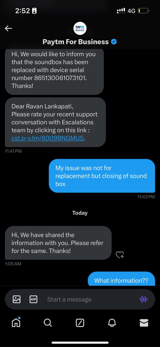 @PaytmBusiness This is how your customer care works. I want to close the soundbox but you have just replaces it with another soundbox. The new soundbox is not even issued to me as it was taken back by the person who came to provide me resolution.