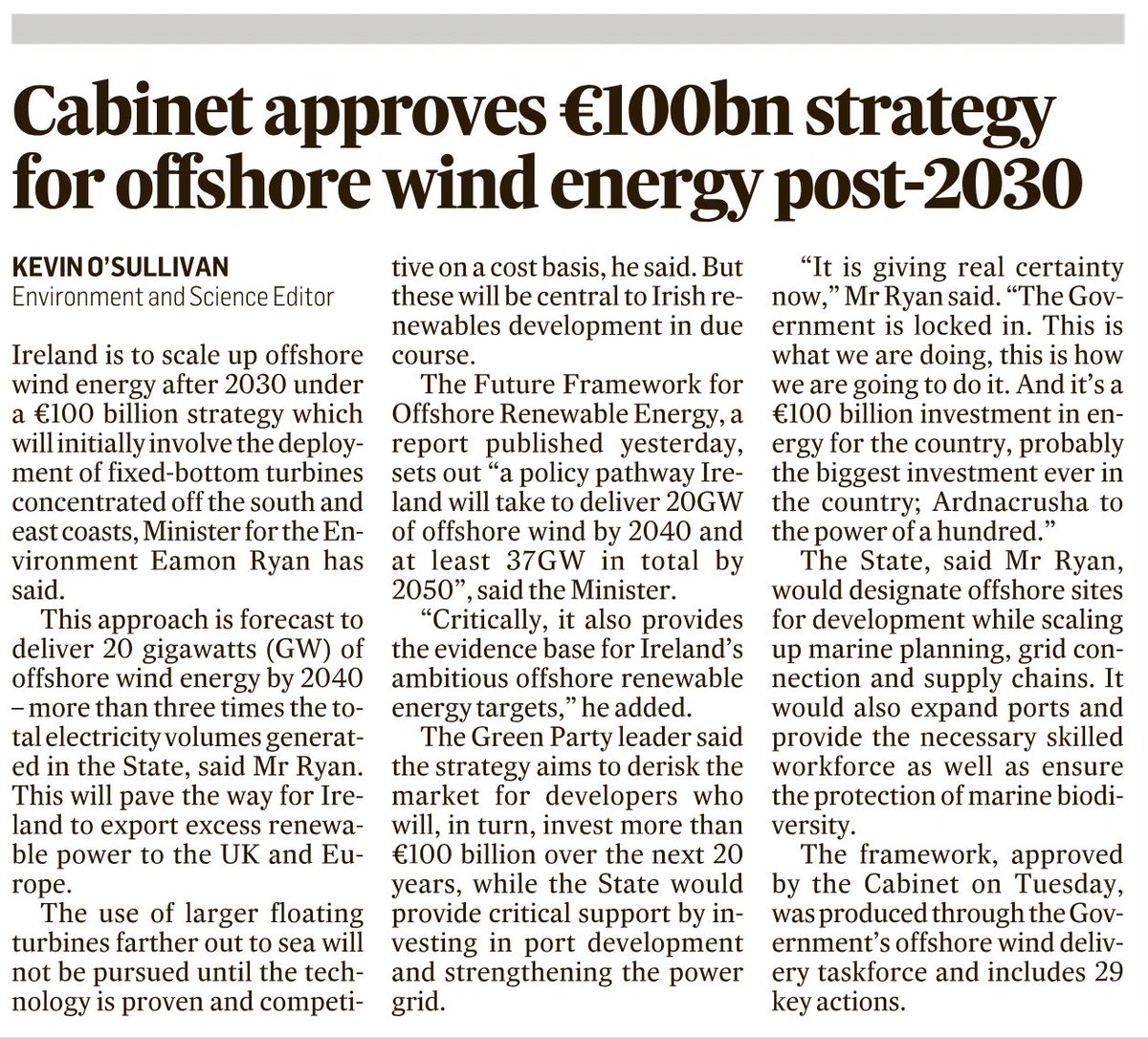 In today's Irish Times - a development that will no doubt frame discussion at tomorrow's open-to-all event. PELGBA are running a free event tomorrow at 2.30pm on planning and the renewable energy sector with key speakers from the industry. More at: ti.to/BarofIreland/p…