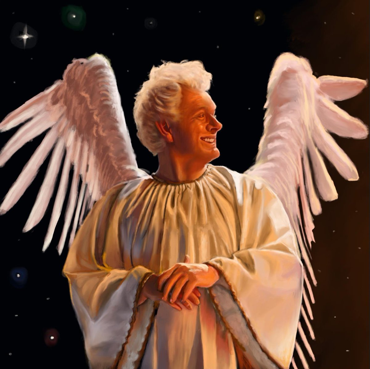 Finished season 2 of #goodomens and all I can say is how beautiful almost every scene was. @michaelsheen you are angelic and I so much enjoyed this painting. #GoodOmensFanArt #painting if a warm hug was a person🥰🎨