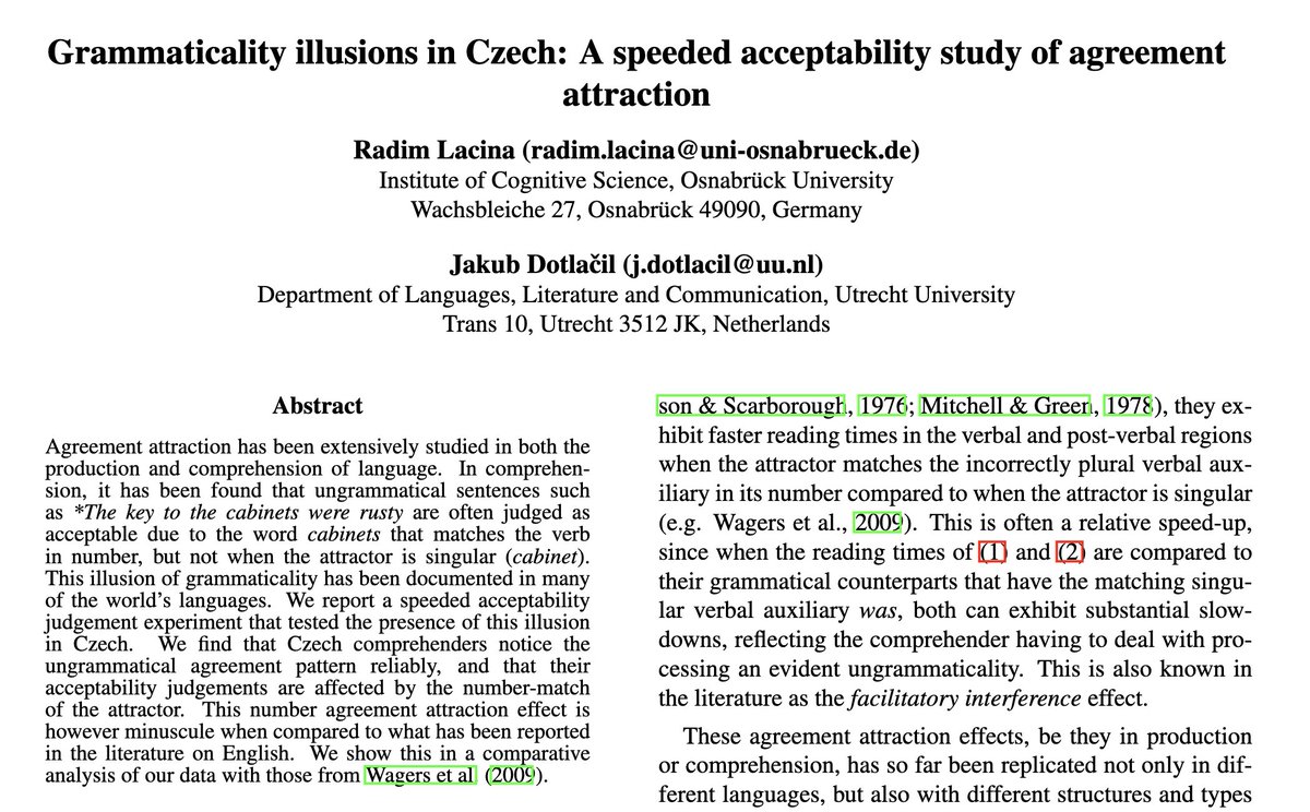 You've probably heard me go on about how weird attraction effects are in 🇨🇿 by this point. Now for illusions of grammaticality! The effect is clearly there (BF>70 😮), but it's much smaller compared to English! See our CogSci paper with Jakub Dotlačil!

osf.io/preprints/psya…