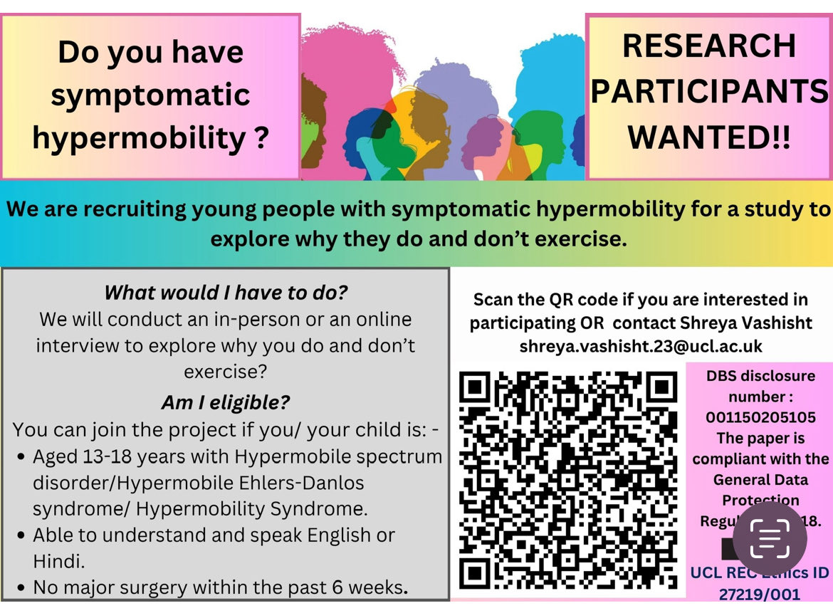 Are you able to help with this study which will help us to understand what helps and what hinders young people with symptomatic hypermobility to exercise and participate in physical activity ⁦<a href="/EllenEwer/">Ellen Ewer</a>⁩ ⁦<a href="/HMSACharity/">hypermobility.org</a>⁩ ⁦<a href="/ehlersdanlosuk/">Ehlers-Danlos Support UK</a>⁩ ⁦<a href="/TheEDSociety/">The Ehlers-Danlos Society</a>⁩
