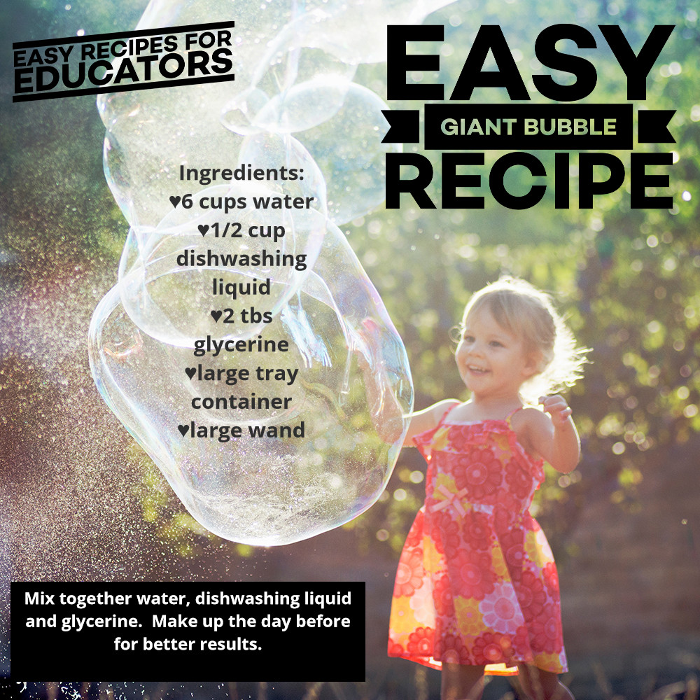 Easy GIANT Bubble Recipe
Make this up the day before and spend time making some cool wands with children. 

#bubble #educatorrecipes #eylf #mtop #qklg #veyldf #educatorsdomain