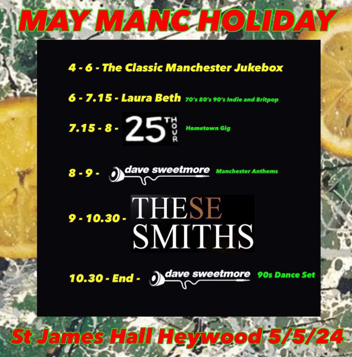 This Sunday - St James Hall Heywood with @TheseSmiths @25thhourbanduk and @LauraBethReal. Tickets available from skiddle.com/whats-on/Oldha… or in person at Just Lovely gift shop (Heywood). JBS Groundcare / @sdneventsrochdale / More Than Safety Training ltd