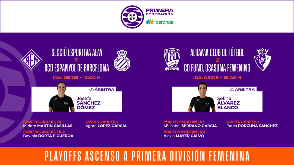 ⚖️ DESIGNACIONES | Primera Federación Femenina

Josefa Sánchez Gómez y Selina Álvarez Blanco dirigirán los Playoffs de ascenso a Primera División femenina.

🔗 rfef.es/es/noticias/of…

#ArbitrajeRFEF | <a href="/CTARFEF/">CTA</a>
