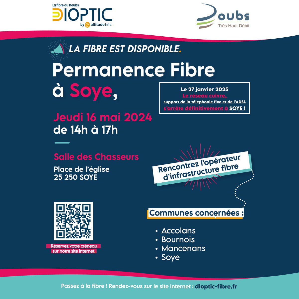 [Permanence Fibre] Nous vous attendons nombreux à #Soye le 16/05 à partir de 14h pour échanger sur la #FibreOptique.
Les équipes de Dioptic seront présentes pour vous guider et répondre à toutes vos questions sur le #TrèsHautDébit.