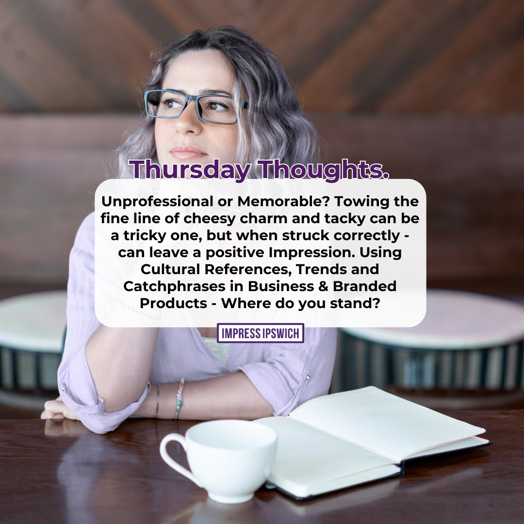 Thursday thoughts: Striking the delicate balance between cheesy charm and memorable impact. Do you use cultural references, trends and catchphrases in business and branded products? Share your thoughts below! #ThursdayThoughts #BrandingStrategies #PromoMerch