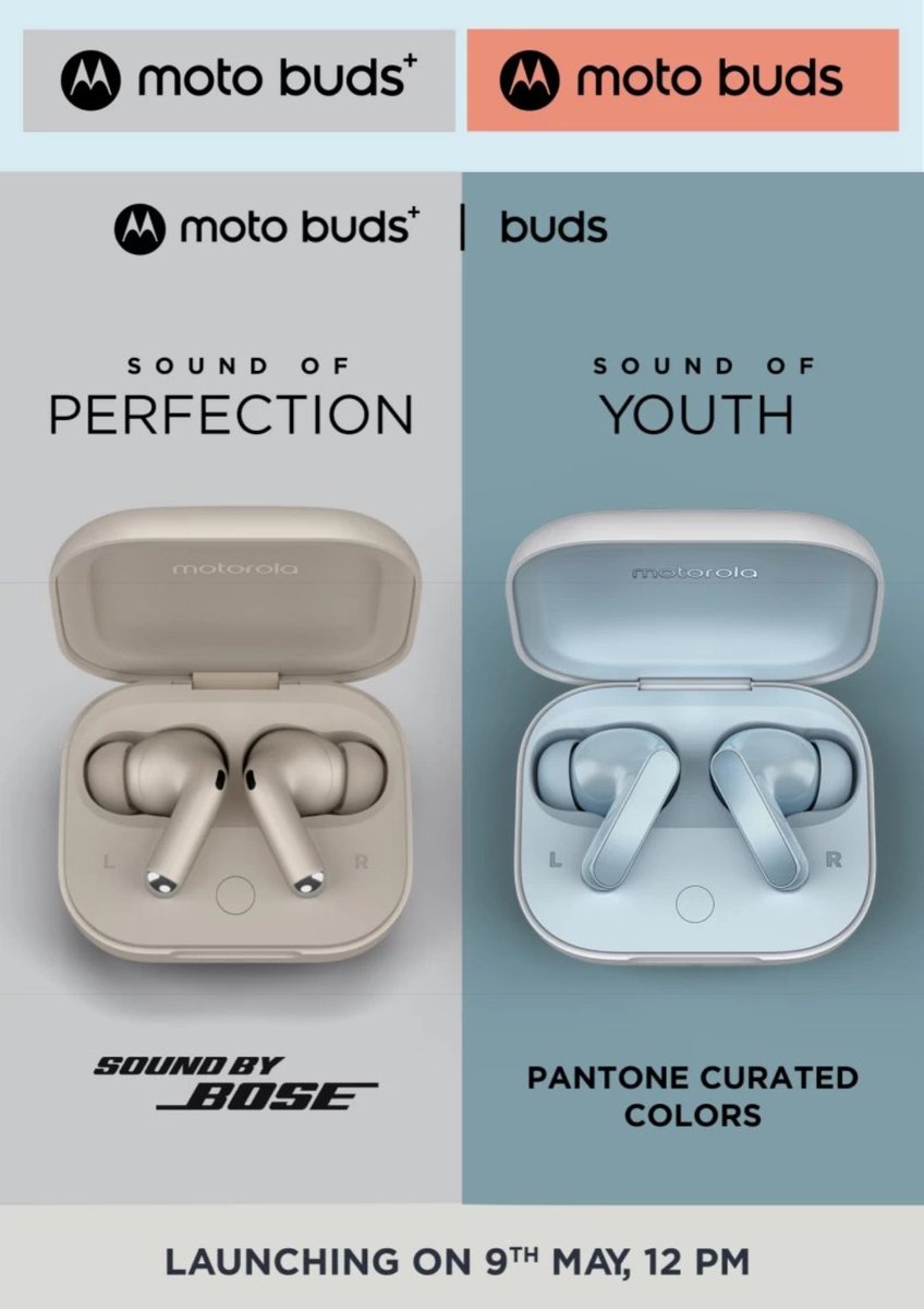 Moto Buds and Buds+ launching on 9th May in India 🇮🇳
#Motorola #MotoBuds #MotoBudsPlus