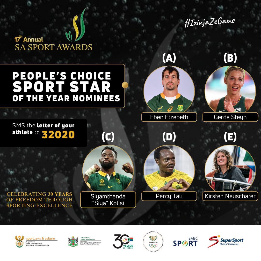 VOTE, VOTE, VOTE!!

Vote by SMS’ing the letter of your favourite athlete to 32020. 

The 17th edition of the South African Sport Awards (SASA) are themed “Celebrating 30 years of freedom through sporting excellence”. 

🗓️5 May 2024
📍Sun City, NW

#SASA17Edition #IzinjaZeGame