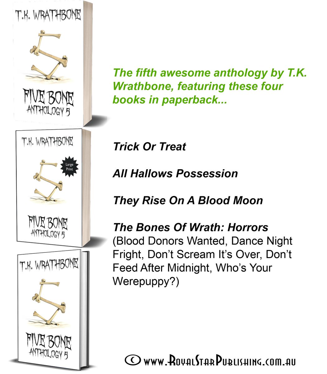 Five Bone:Anthology 5 by T.K. Wrathbone contains four ebooks in one print book. Available in bookstores.
.
#tkwrathbone #author #fivebone #horrorstories #paranormalstories #supernaturalstories #trickortreat #allhallowspossession #theyriseonabloodmoon #thebonesofwrathhorrors