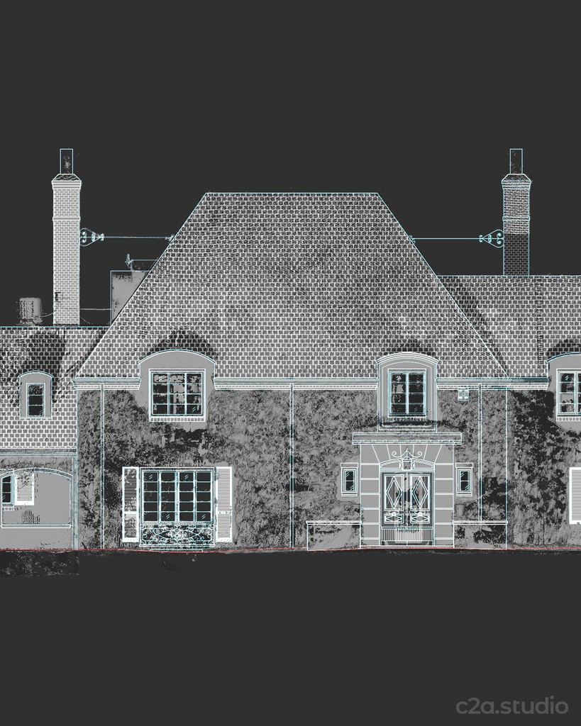 Our scanner picked up corners, jogs and other characteristics on this 1937 New England estate.⁠
⁠
#historicpreservation #historicrenovation #exteriorelevation #elevation #1930s #1940s #prewar #georgianarchitecture #ivy #windowsanddoors #roof #roofing #chimney #chimneys