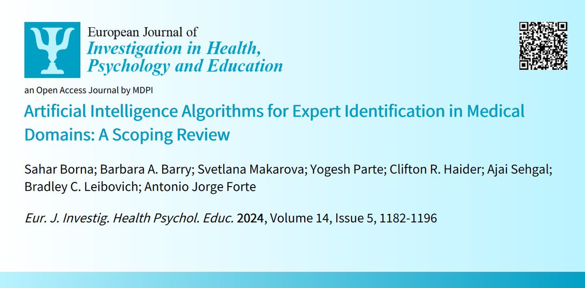 EJIHPE_MDPI's tweet image. 🤩Welcome to read👉"#ArtificialIntelligenceAlgorithms for #ExpertIdentification in #MedicalDomains: A #ScopingReview"📜by🧑🏫@SaharBorna et al.:🗝️mdpi.com/2254-9625/14/5…
#expertfinding #expertidentification #knowledgemanagement #machinelearning #languagemodel
